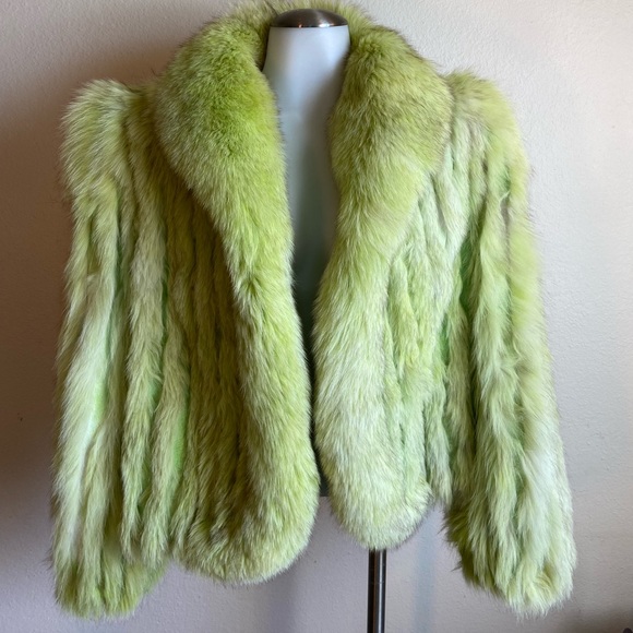 Vintage Jackets & Blazers - Vintage 1980s Custom Dyed Lime Green Fox Fur Coat Size Large